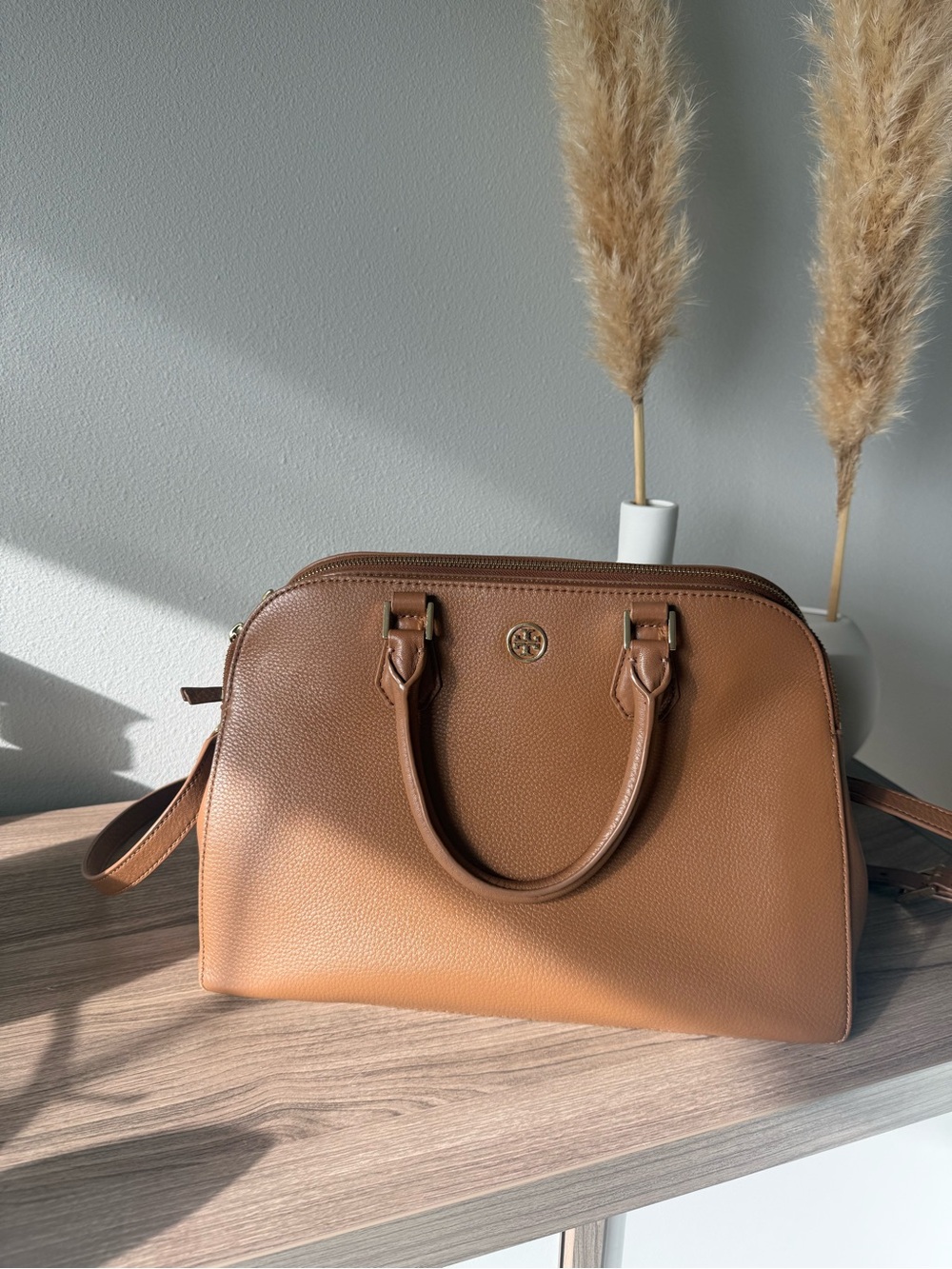 Tory Burch Pebbled Double Zip Satchel - Tan - Picture 7 of 14
